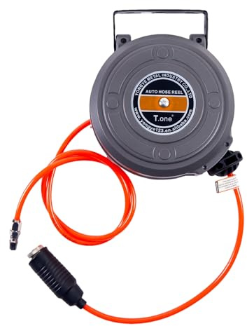 Rodillo de manguera para tambor de manguera de alto nivel de área exterior con retiro automático | Solución de almacenamiento en pared para compresores de aire, resistente a la intemperie y po