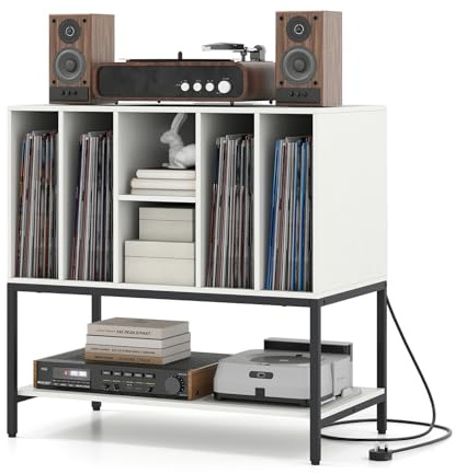 RELAX4LIFE Giradischi Vinili Stand Tavolino con Stazione di Ricarica, Espositore in Legno per Dischi 150, Scaffale Inferiore, Supporto per Giradischi, Ideale per Soggiorno e Sala Musica (Bianco)
