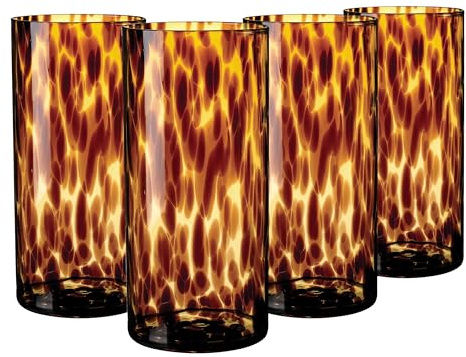 Joseph Sedgh Collection Tortoise Shell Highball Glass Set of 4 – 14.54 oz Borosilicate Cocktail & Water Glasses – Durable, Lead-Free, Dishwasher Safe – Elegant Gift Packaging