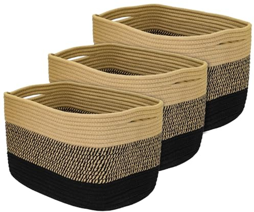 HMF Juego de 3 cestas de almacenamiento con asas ocultas, cesta de algodón, 37,5 x 25 x 22,5 cm, color negro y miel