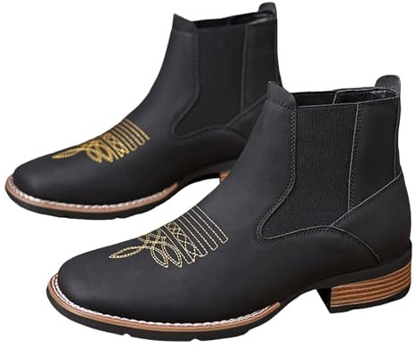 Bottes de cowboy pour homme, bottines de cowboy courtes pour homme, coupe large, bout carré, bottines habillées occidentales, bottines décontractées rétro élégantes en cuir, chaussures d'hiver à talon