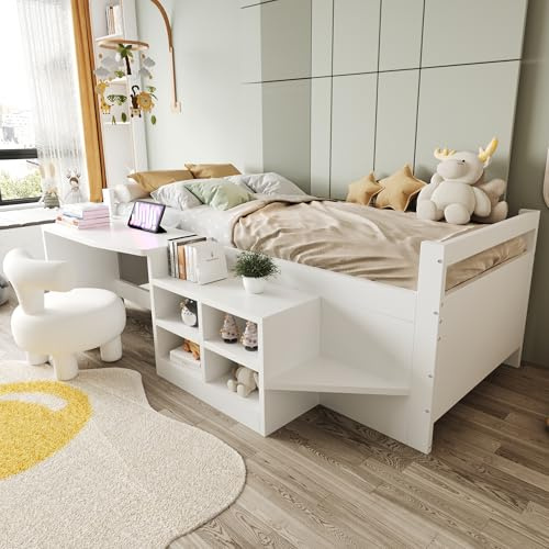 RIAZOS Kinderbett Holzbett 90x200 cm, Massivholz Einzelbett mit Schreibtisch und Staufach, Stauraumbett mit Lattenrost, für Jungen & Mädchen, Weiß, ohne Matratze