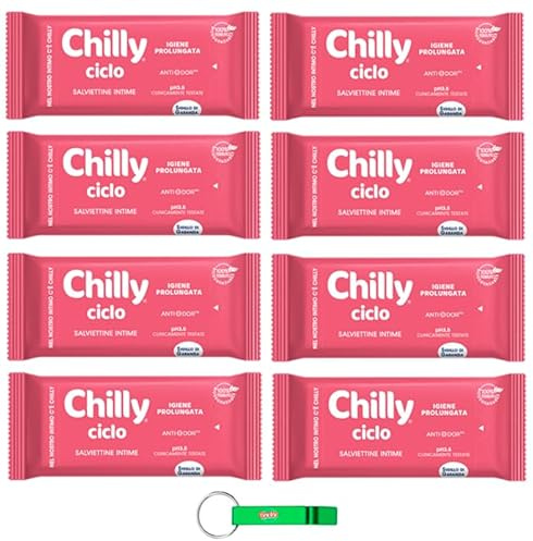 Chilly Lot de 8 lingettes d'hygiène intime Ciclo – Sensation d'hygiène et protection durable – Spécialement conçues pour le cycle menstruel – Chaque paquet contient 12 lingettes + porte-clés Beni