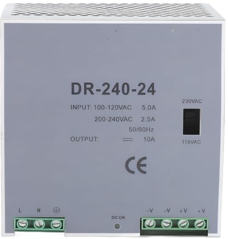 Convertidor de Corriente AC a DC 240W, Fuente de Alimentación con Protector de Sobrecarga, Tensión 100-240V, Montaje en Riel DIN - Alta Eficiencia, Diseño Compacto, Ideal para (Salida 24 V)