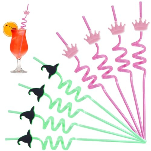 8 cannucce riutilizzabili in plastica, con motivo cappello da mago, cannucce ricce in plastica dura, a tema strega verde e rosa, bomboniere decorative per feste malvagie e Halloween