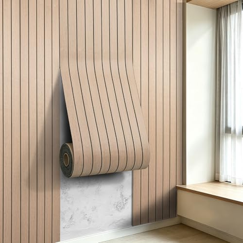 LOVADA 3D Peel and Stick Wall Panels PVC Grille Slat 120x15.8 310x40cm Self-Adhesive Wall Sticker Soundproof Paneling for Walls and Ceiling in Faux Oak Wood Grain Texture
