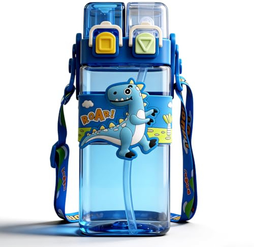 WFKKMEQ Dinosaurier Trinkflasche Kinder, 520ml Wasserflasche Auslaufsicher Sport Trinkflaschen Schule Wasserflasche Große Kapazität Auslaufsicher Trinkflasche für Kinder