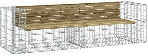 fadaoet Gabion Garden Bench 244 x 71 x 65.5 cm with Impregnated Pine Wood Seat, Galvanised Steel Frame, Robust Outdoor Furniture, Ideal for Garden, Patio and Lawn Areas
