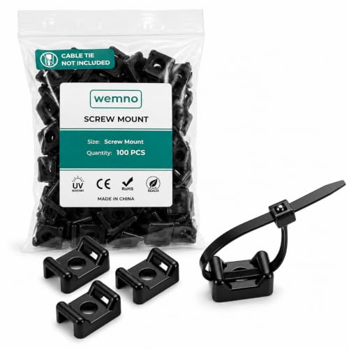 WEMNO Screw Mount Cable Tie Base 100 Pack | Zip Tie Screw Anchors | 100 pack | 22.5 x 15.8 x 9.5mm base | 5mm screw hole | PA66 nylon | -40°C to +85°C | fits 2.5-4.8mm ties