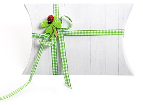 14 weiße Geschenk-Schachtel Pappschachtel Geschenk-Box 14,5 x 10,5 + 3 cm + 14 Glücksklee-Klammern + 14 grün weiß karierte Schleife Verpackung für Gastgeschenke Kinder Silvester Geburtstag Hochzeit
