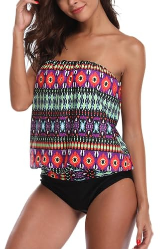 Chenghe Two Piece Bandeau Tankini Swimsuits for Women Boho Floral Blouson Swim Top with Modest Bikini Bottom Beach Bathing Suits Purple M