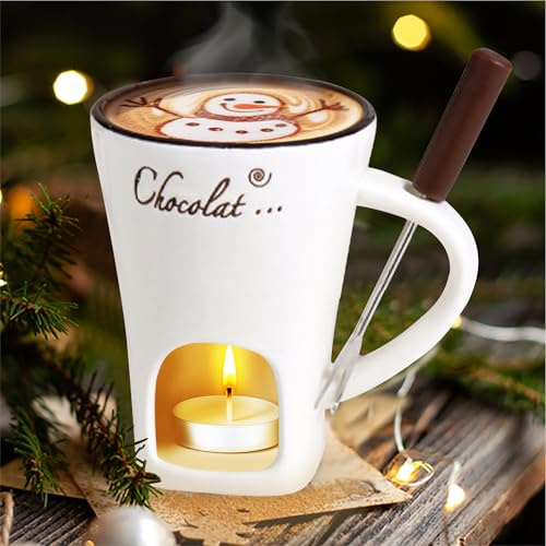 Hot Chocolate Fondue Mug Set – Ceramic Chocolate Melting Fondue Cup with Fork and Tealight, Personal Cheese,Sweet Caramel Melting and Butter Warmer Pot Gift Set for Christmas, Birthday,Wedding