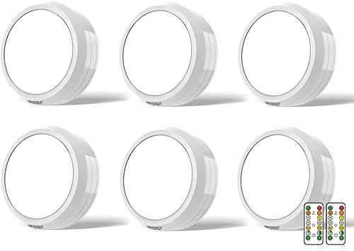 HOLKPOILOT Puck Lights with Remote Control, Under Cabinet & Counter Lighting, Battery Operated,Wireless Stick On Lights White (6pack)