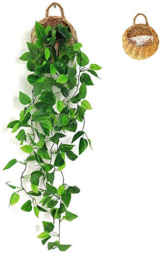 ANZOME Künstliche Hängepflanzen mit Holzkorb, 107 cm in Töpfen für Büro, Küche, Garten, Party, Wanddekoration (Efeu)