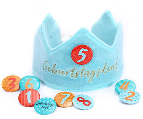 Papierdrachen Geburtstagskrone Samt mit Zahlen - für den Kindergeburtstag - Krone aus Samtstoff mit Button Zahlen von 1-8 | Party Deko Hut für Jungen & Mädchen