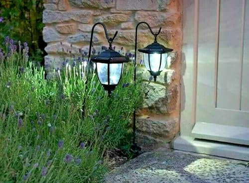 AuraHome Solarize Pack of 2 Black Shepherds Crook Hanging Victorian Coach Lamp Lantern Solar Lights LED Post Traditional Outdoor Garden Lighting New Improved with LED's in Each Light (SL-60102)