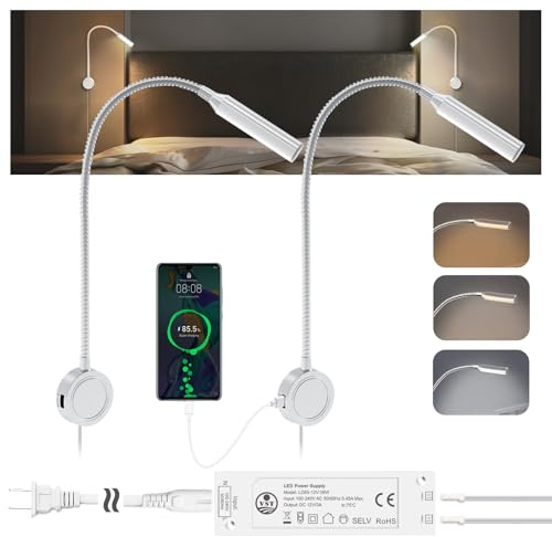 VST Books Lights for Headboard, Bedside Wall Mounted Reading Lamp, Reading Light Touch to Adjust Color Temp (3000K/4000K/6000K) and Brightness, USB/Type-C Charging Ports, 20W Driver, ETL-Listed