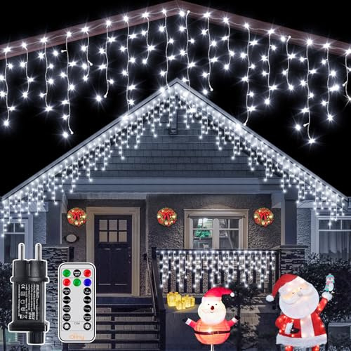 Ollny Eisregen Lichterkette außen 12m 504LEDs 84 Saiten Weihnachtsbeleuchtung außen Kaltweiß IP44 wasserdicht 8 Modi mit Fernbedienung Timer EU Stecker für Pavillon Balkon