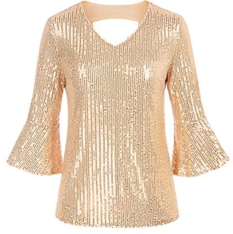 GRACE KARIN CL 1559 Top da donna con scollo a V e paillettes, elegante, oro chiaro, XXL