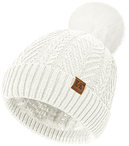 ECOMBOS Bobble Hat Women - Winter Hats for Women Warm Beanie Hat Knitted Wooly Hats Thermal Fleece Line with Pom Pom for Ladies Outdoor Ski White