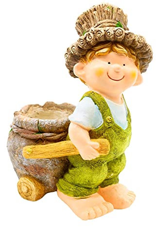 Wichtelstube-Kolletion XXL Gartenfigur Olaf Garten Deko mit Karren als Blumentopf und in kindgerechter Kleidung 30,5 * 21 * 41,5cm Dekofigur wetterfest mit Pflanzkübel