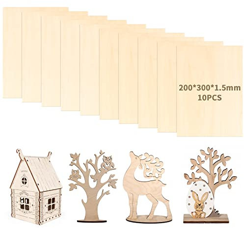 10 Pezzi Fogli di Legno di Balsa 200 x 300 x 1,5 mm, Compensato Pirografia, Fogli di Legno Sottili Tavola di Legno Compensato per Artigianato Fai Da Te Artigianato Pittura Decorazioni