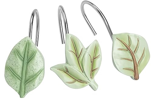 Gibelle 12PCS Leaves Shower Curtain Hooks, Green Plant Leaf Decorative Shower Curtain Hooks Metal Rustproof Cute Eucalyptus Shower Curtain Rings Bathroom Decoration Accessories