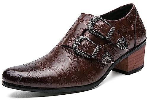 Men Pointed Toe Formal Dress Leather Shoes Personality Monk-Strap Slip-On Oxford Loafer Chunky Heel Arch Support Low Top Bootie (Brown,12,Men,12)