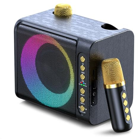 Karaoke Anlage mit 2 Drahtlosen Mikrofonen, 9D Tragbare Bluetooth Karaoke Maschine, Karaoke PA-System mit USB/TF/AUX IN, Karaoke Lautsprecher mit 7 LED-Leuchten/7 Sprachwechsler für Party/Home KTV