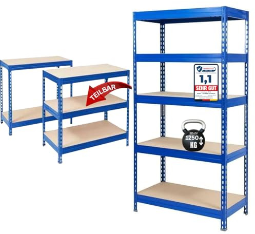 Floordirekt Schwerlastregal - Steckregal, Kellerregal, Lagerregal, Werkbank - Traglast bis 1250 kg - Schnelle Montage (Blau, 180 x 120 x 45 cm)