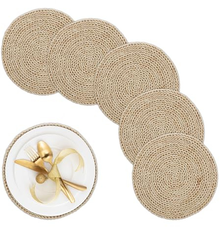 Relaxdays Tischset 6-teilig, für den Esstisch, geflochtenes Maisstroh, Ø 30 cm, Telleruntersetzer im Boho-Stil, Natur