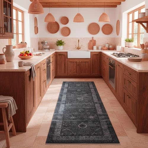 TESSO LIVING Moderner Vintage Boho Teppich Laufer - Holzkohle 80 x 215 cm - Maschinenwaschbar und rutschfest Kurzflor Teppich - bringt Wärme in Wohnzimmer und Schlafzimmer