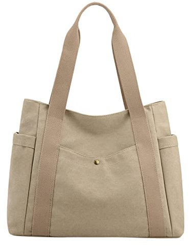 Bolsas de lona para mujer y mujer, bolso de lona multibolsillo, retro, informal, bolso de hombro, bolso de mano superior, bolso de mano, dos bolsillos, mujer, negro, caqui, talla única