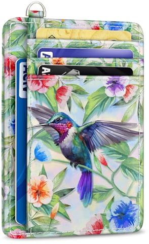 Yonlevres Credit Card Holder Slim Wallet, Hummingbird RFID Wallet Women Front Pocket Small Card Holder, Travel Funny Cute Thin Card Case ID Window PU Leather RFID Blocking Card Organizer Gifts Girls