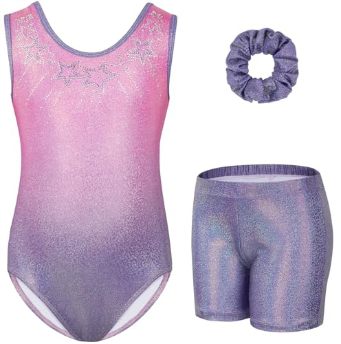 Gogokids Conjunto de Gimnasia de Tres Piezas para Niñas, Traje de Gimnasia Sin Mangas con Shorts y Diadema, Vestido de Gimnasia con Diseño de Colores Degradados y Brillantes para 3 a 12 Años, rosa