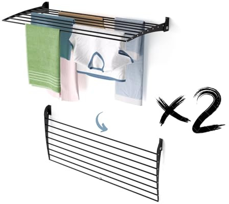 Foxydry Fold väggmonterad torkställning, hopfällbar platssparande 116 cm X2 | tillverkad av aluminium och rostfritt stål, fälls nedåt, rostfri, för terrass och balkong, klarar, 10 kg, svart