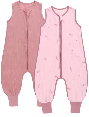 amo nenes 2er Pack Baby Schlafsack Sommer mit Füßen 0.5 Tog Sommerschlafsack 100% Baumwolle Musselin Atmungsaktiv für Jungen und Mädchen