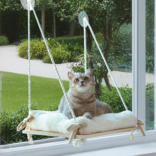 Devopet Cat Window Perch, Cat Window Hammock with Cushion Bed, Solid Wood Seat & Strong Suction Cups, Safety Cat Bed Window, Easy to Install Cat Indoor Furniture for Large Cats and Kittens