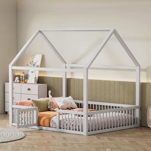 BXEYXE 140 * 200cm Massivholzbett, Doppelbett, Flachbett, Hausbett, Hausbett mit Türchen, weiß