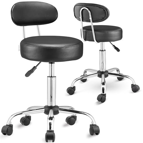 CASARIA® 2X Taburete Oficina Giratorio 360° con Ruedas Respaldo Silla Escritorio Trabajo Altura Ajustable 46-60cm Asiento 10 cm Grosor Resistente Negro