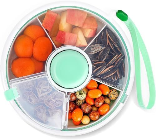 Proudy Portable Snack Spinner Bundle, Food Storage Container with 5 Compartment Dispenser and Rotating Storage, Reusable Snack Box (Light Green)