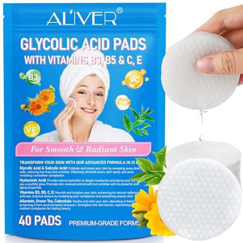Glycolic and Salicylic Acid Face Pads - Exfoliating Cotton Wipes for Skin Peeling & Deep Cleaning with Allantoin & Calendula for Women - 40 Pads