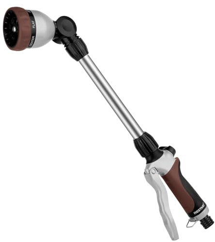RESTMO 48cm Watering Lance, Long Metal Spray Lance | 180° Adjustable Ratcheting Head | 7 Spray Patterns Extension Hose Wand, Perfect Garden Sprayer Gun to Water Hanging Baskets, Shrubs, Brown