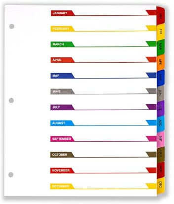 A4-Akten-Trennblätter, 12 Registerkarten, farbige Registerblätter mit Multi-Lochstanzer, perfekt für Aktenordner, Ringbücher und Büro- oder Schulorganisation