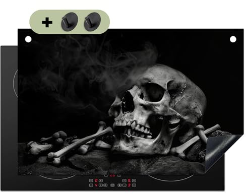 KitchenYeah© Herdabdeckplatte 81x52 cm Einteilig Induktionsmatte Küche Abdeckung Ceranfeld Herd Abdeckplatte Deko Vinyl Matte, Spritzschutz Küchenrückwand Totenkopf - Rauch - Schwarz - Weiß