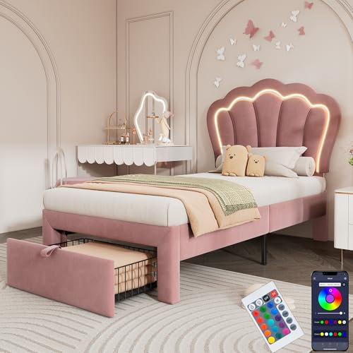 Zepneiy Cama infantil 90 x 190 cm con APP Control LED, cama tapizada 90 x 190 cm con cajones, cama individual con somier y cabecero ajustable, marco de cama, cama juvenil terciopelo rosa (sin colchón)