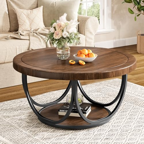 Tribesigns Runder Couchtisch mit 2 Etagen, 80 cm, aus Holz, runder Akzent, Cocktailtisch mit Ablagefach und Metallrahmen, industrielle Mitteltische für Wohnzimmer, Braun und Schwarz