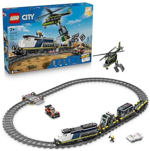 LEGO City Le Braquage du Train de Police - Maquette de Train Télécommandé avec Circuit, Hélicoptère, Voiture de Rallye & 6 Minifigurines - Cadeau STEM pour Garçon dès 7 Ans 60508