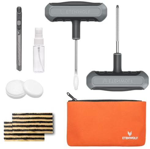 ETENWOLF Kit de Reparación de Neumáticos con Tapones 16 Pcs, Kit Antipinchazos para Coche, Moto, ATV, Camión, Tractor