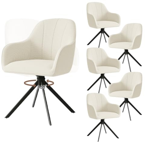 Hawthyhome Esszimmerstühle Drehbar 6er Set 5cm Sitzkissen Leinen/Beige | Stühle Esszimmer mit Armlehne,Polsterstuhl mit Metallbeinen,Moderner Küchenstuhl für Esszimmer,Wohnzimmer,Büro